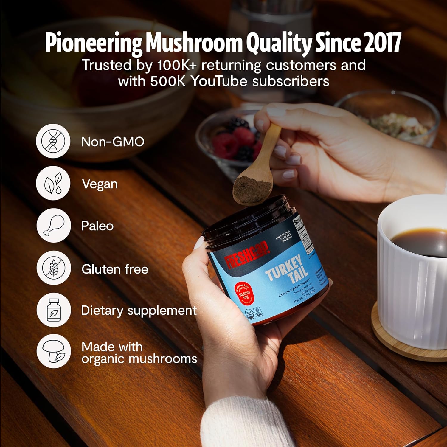 FreshCap Mushrooms Turkey Tail Mushroom Powder 10,000mg - Turkey Tail Supplement Mushroom Extract for Immune Support, Ayurveda Nootropic Supplement (60 Servings) - Image 7