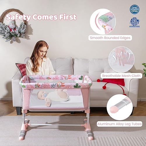 Miniatura 4 de BABY JOY Cuna, cuna plegable impresa con altura ajustable, pies retráctiles, colchón suave y bolsa de transporte portátil, moisés para bebé, cama de
