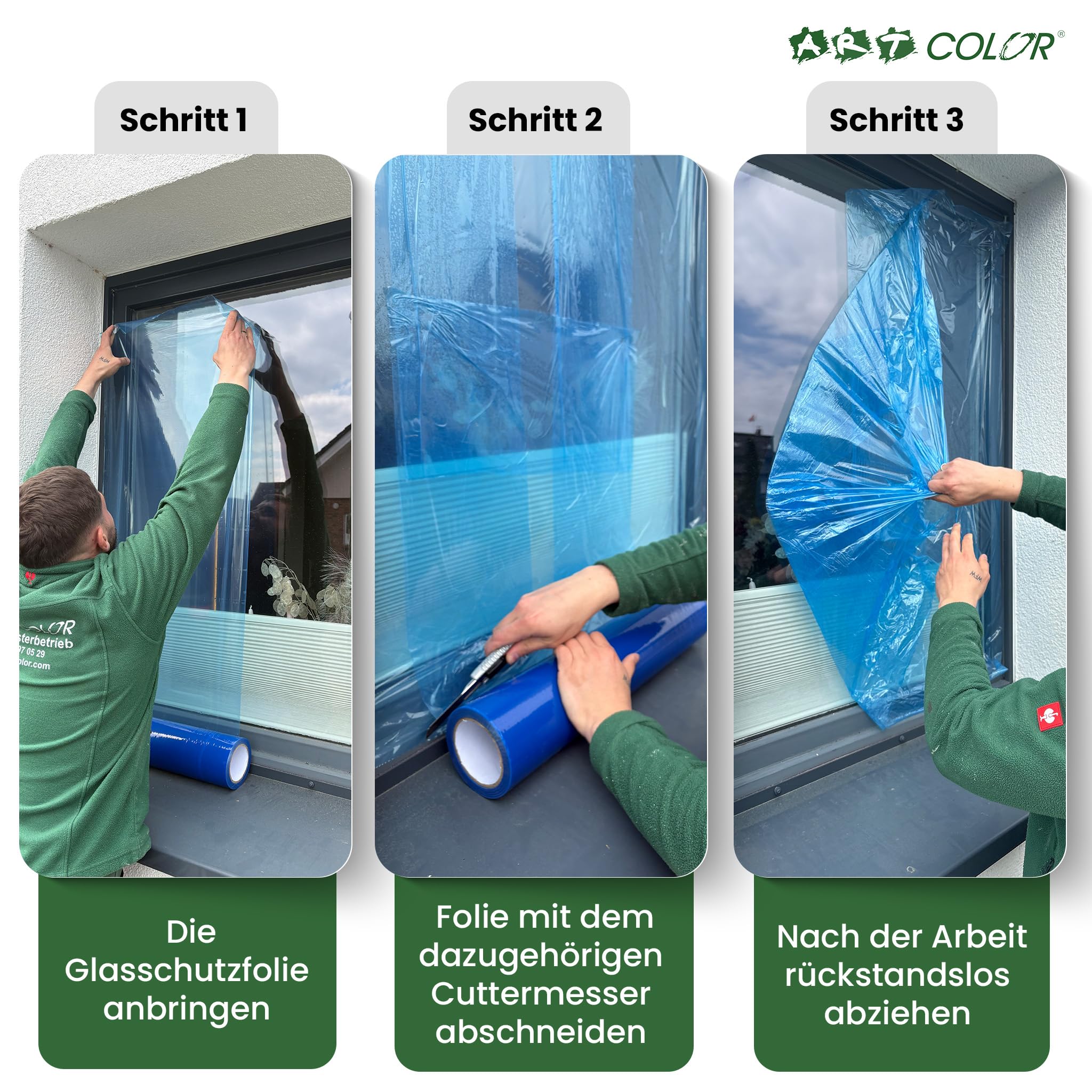 Fensterschutzfolie Blau 50cm x 100m 50my – Selbsthaftende PE-Folie als Abdeckfolie & Malerfolie – Wasser- & UV-beständige Schutzfolie für Fenster und Türen