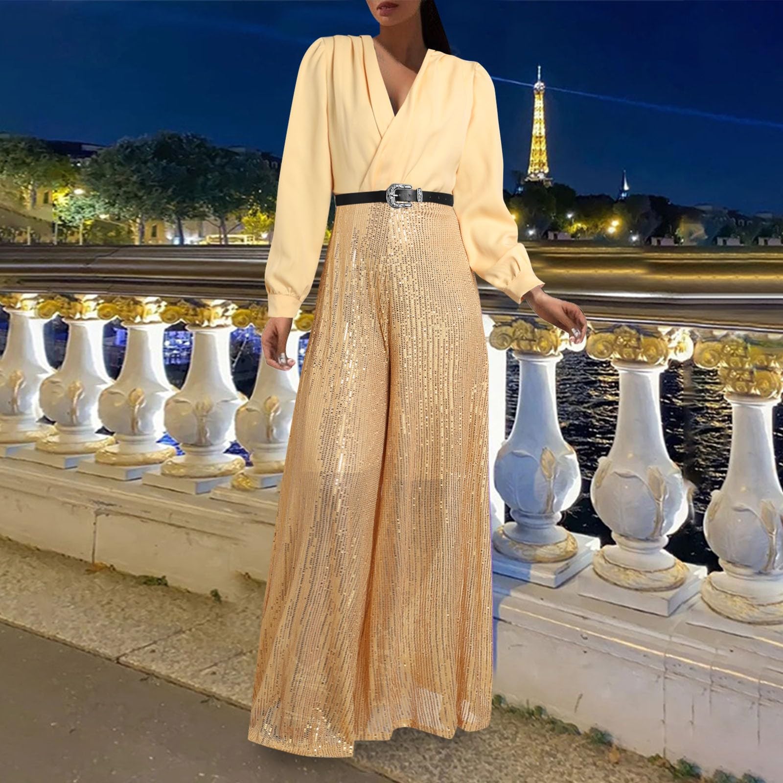Jumpsuit Damen Sommer Elegant, Overall Hosenanzug, Lang Playsuit Einteiler Kostüm, Romper Outfit Frauen Komplett, Hohe Taille Overall Damen Festlich Hochzeit Mit Ärmeln Casual Damen Jumpsuit Für Party