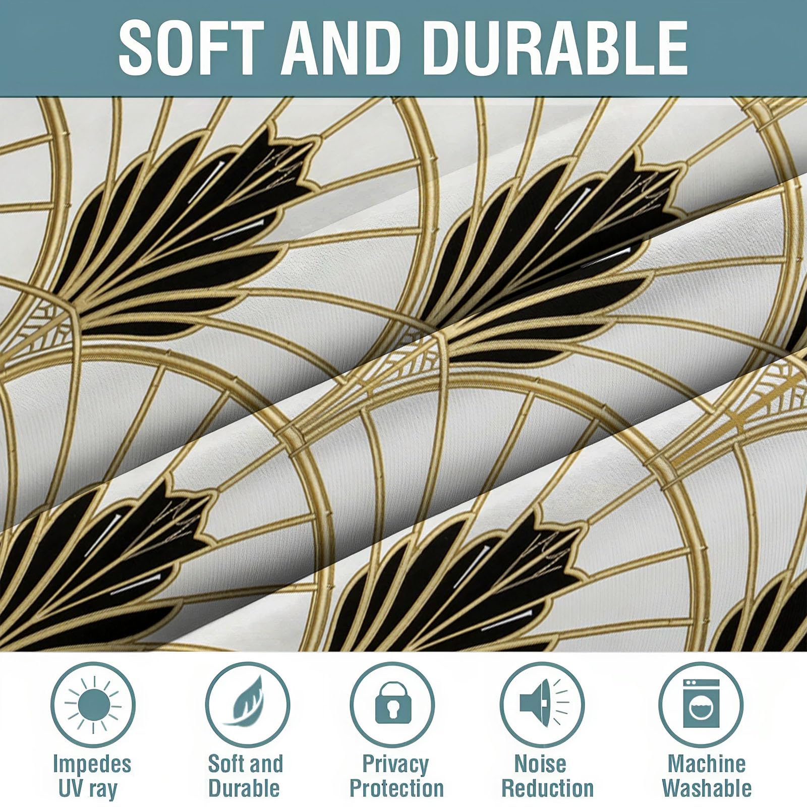 Verdunklungsvorhänge 2er Set - Retro-Luxus-Fächerform Thermovorhang - Art Deco Vorhang Blickdicht mit Ösen - Lärmschutzvorhang Gardinenschals - H220 x B140 cm, Gold