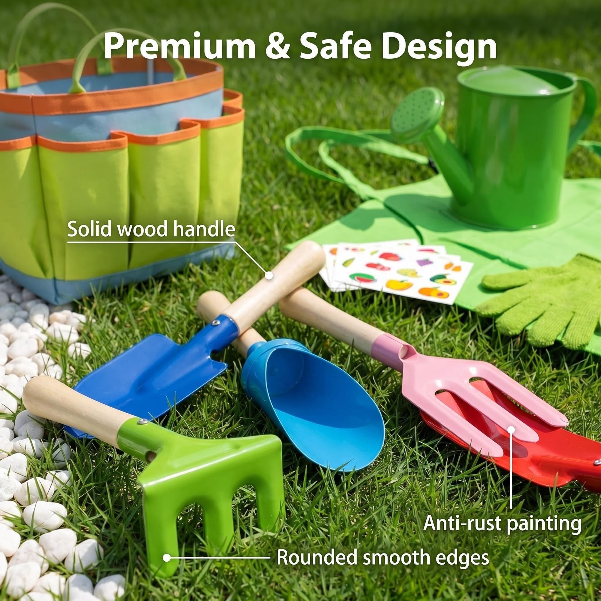 KAHEIGN Lot de 12 outils de jardinage pour enfants, cuillère, fourchette, truelle, râteau, pelle cylindrique avec sac fourre-tout, arrosoir, gants, tablier, étiquettes de plantes, autocollants pour