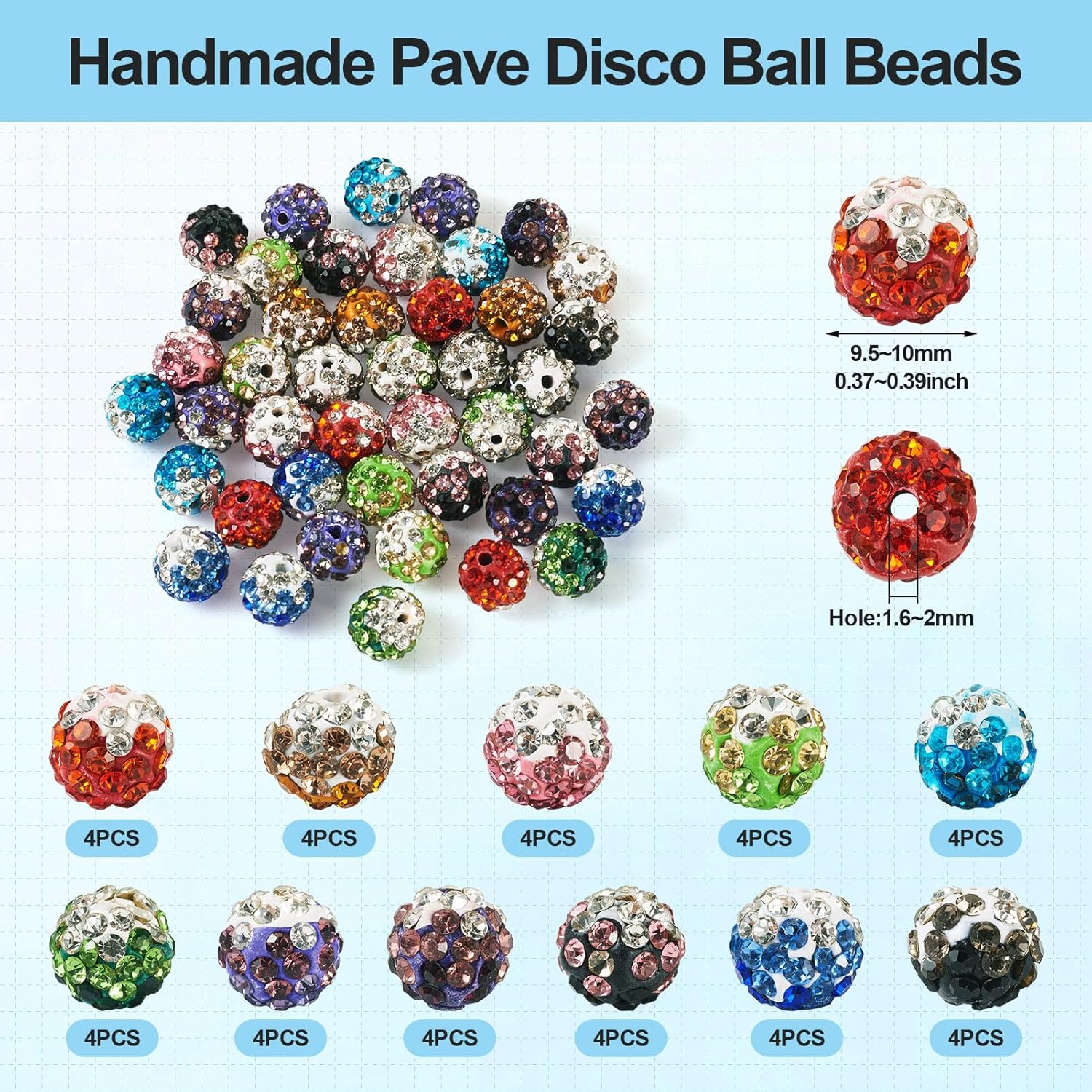 Spritewelry 40Pcs Rhinestone Clay Beads for Jewelry Making 10mm Colorful Sparkly Disco Ball Beads Rhinestone Bling Crystal Beads Shiny Round Chunky Beads for DIY Crafts Earrings Bracelet - Image 6