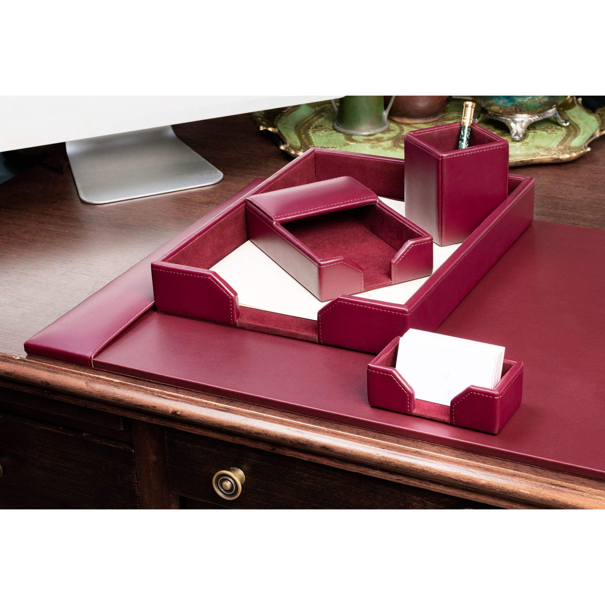 DACASSO Set da scrivania in pelle rigenerata, con sottomano e base in pelle di lusso (bordeaux, 5 pezzi)