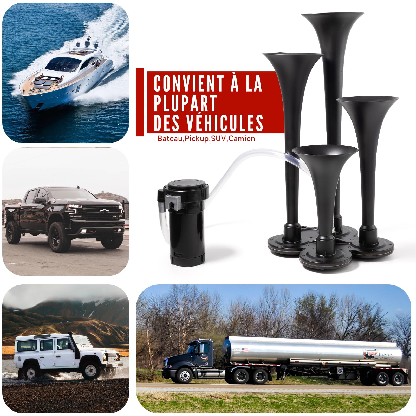 FARBIN Klaxon Camion 12V à 4 Trompettes Klaxon de Train avec Compresseur | Puissant 150dB,klaxons de voiture, universel pour camion pickup jeep SUV train voiture bateau