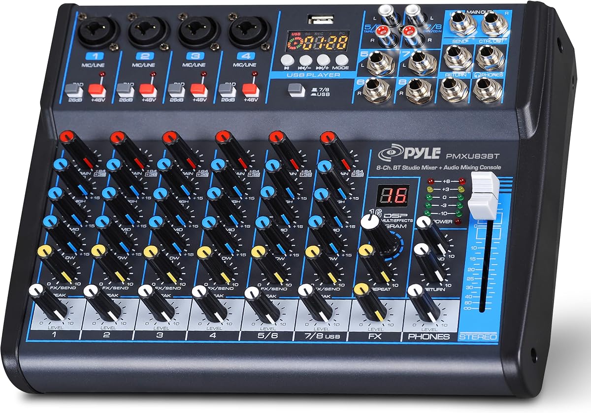 Mezclador de audio para DJ Pyle de 8 canales, Bluetooth, DSP FX, USB, interfaz de audio | Alimentación fantasma de +48 V, procesador DSP de 16 bits, reproductor de MP3 USB-A