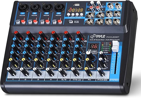 Pyle 8 Channel DJ Audio Mixer, Bluetooth, DSP FX, USB, Audio Interface | +48V Phantom Power, 16Bit DSP Processor, USB-A MP3 Player