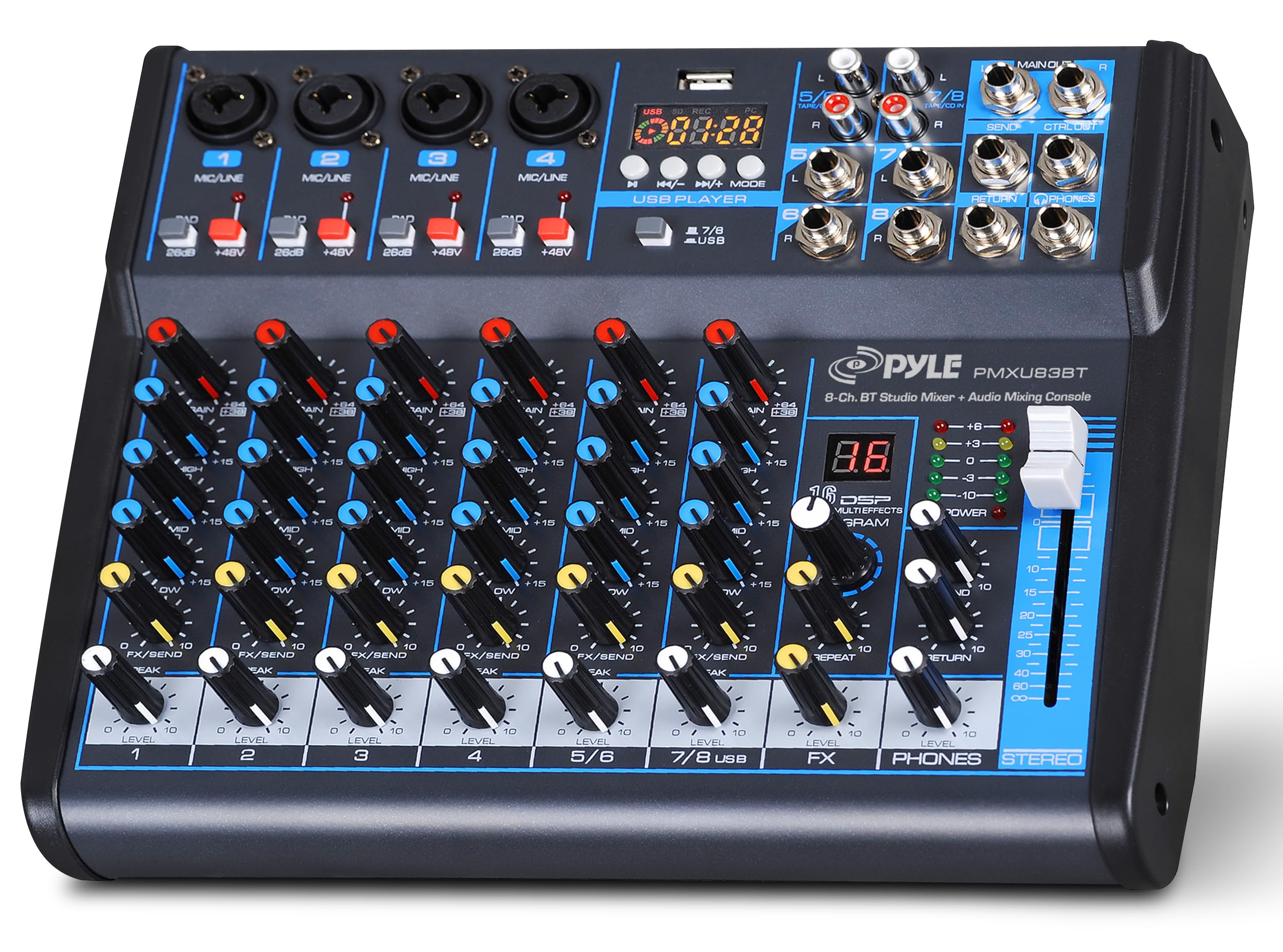 Pyle Audio Mixer, 8 Channel Bluetooth Professional DJ Mixer, Sound Board Console Desk System- 48V Phantom Power Stereo for Recording, Live, Streaming, Podcasting, Karaoke, DJ, Studio