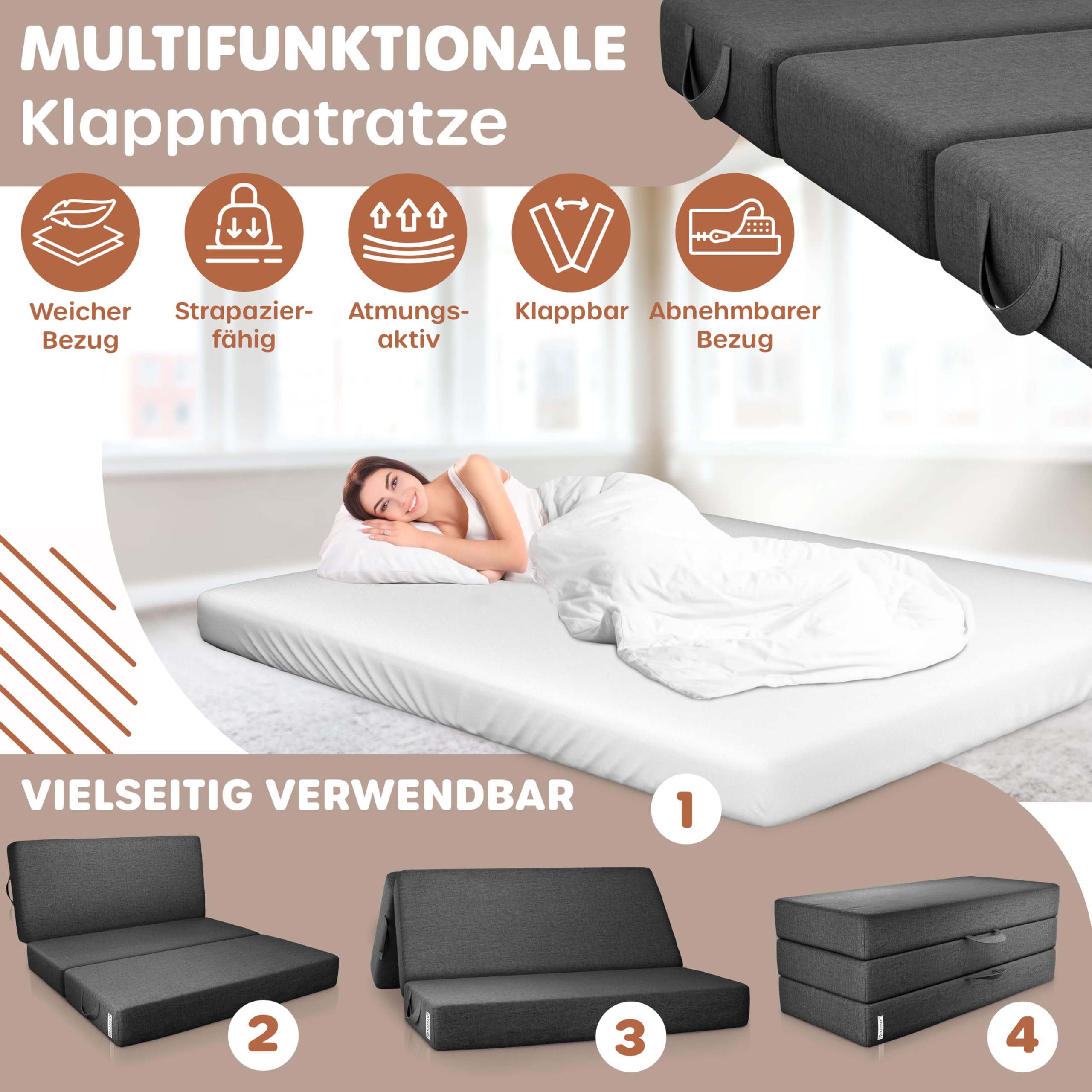 KESSER® Colchón plegable de 120 x 195 x 15 cm, colchón para invitados plegable en 3 partes para taburete, colchón de espuma de 25 kg/m³, extragrueso, 15 cm, transpirable, lavable, funda extraíble