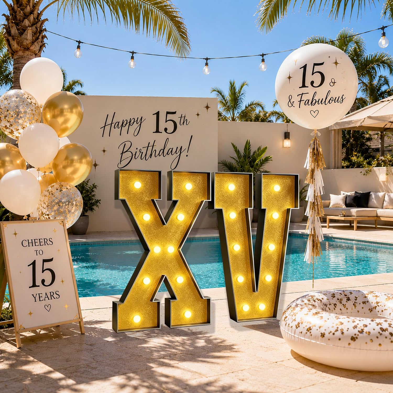3FT and 4FT Black Gold Sparkling Powder XV (15 years old) Birthday Party Decoration Letter Light, two sizes, suitable for male and female adult etiquette anniversary celebration background sponge card communication, high-end party decoration (3FT)