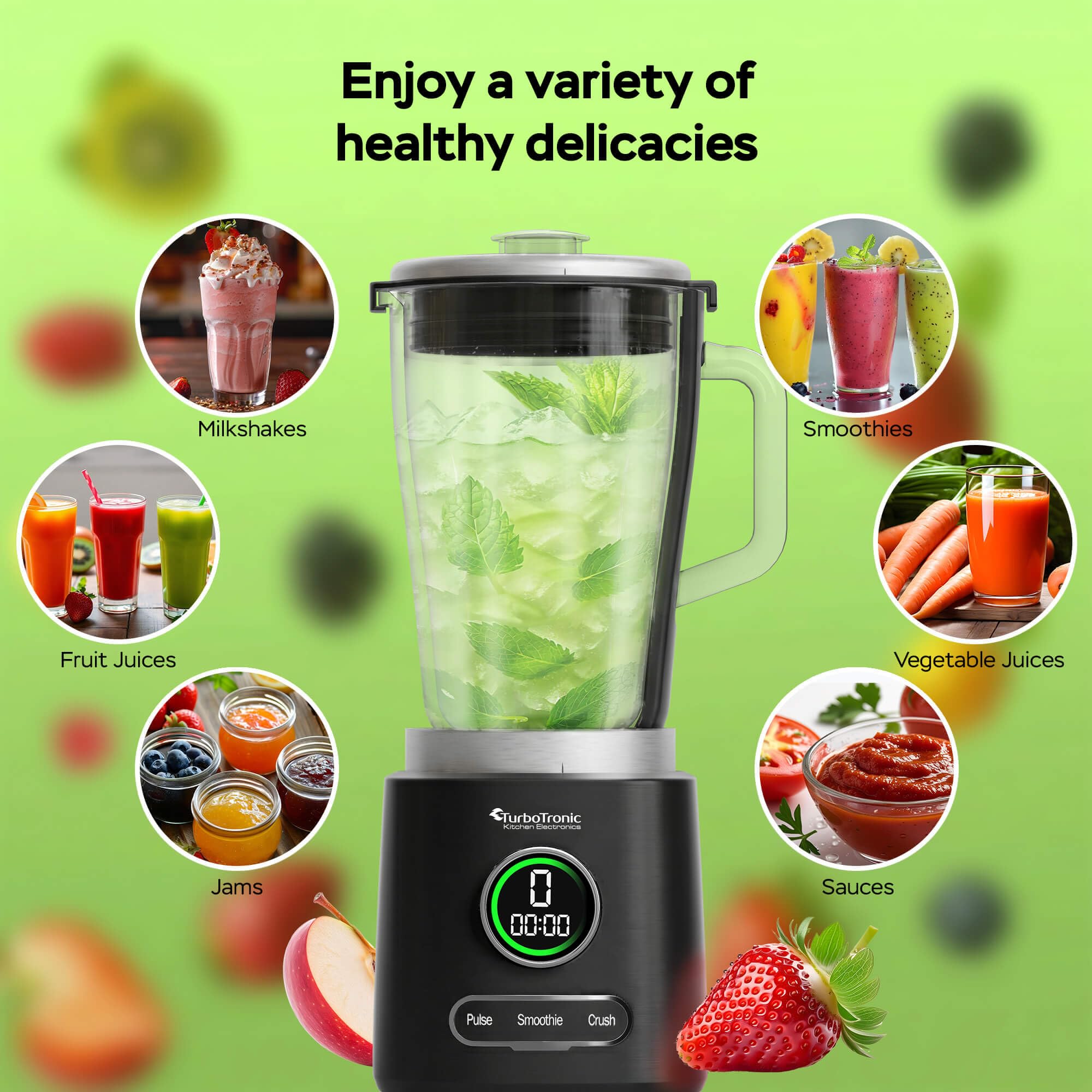 TurboTronic Standmixer - BG7-2100 Watt (25.000 RPM) mit 2,0 L Glasbehälter Edelstahl, Glas Smoothie Mixer/Maker Ice Crush Funktion Milchshaker Blender BPA FREI