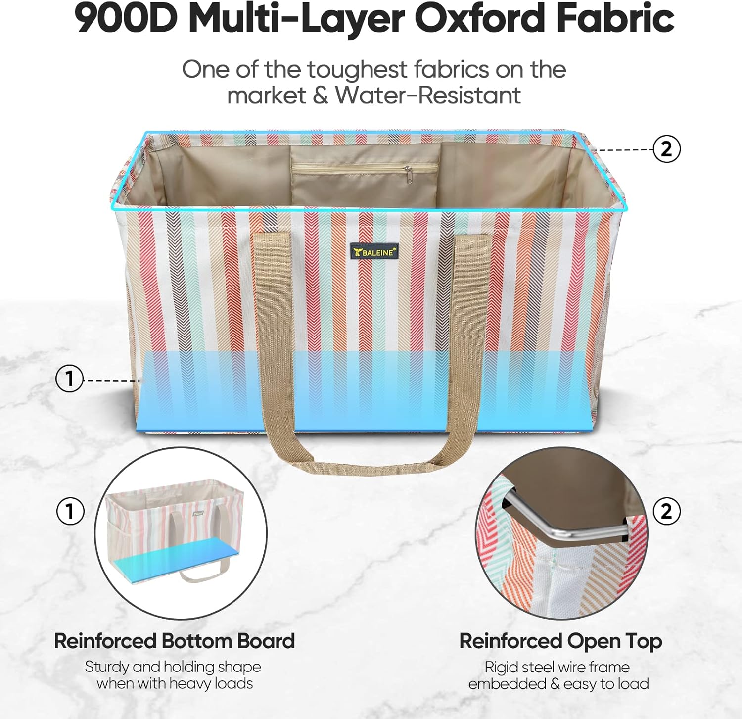 BALEINE 4 PK Grocery Bags Reusable Shopping Bags with Reinforced Bottom & Extra Large Utility Tote Bag with Reinforced Wire Frame