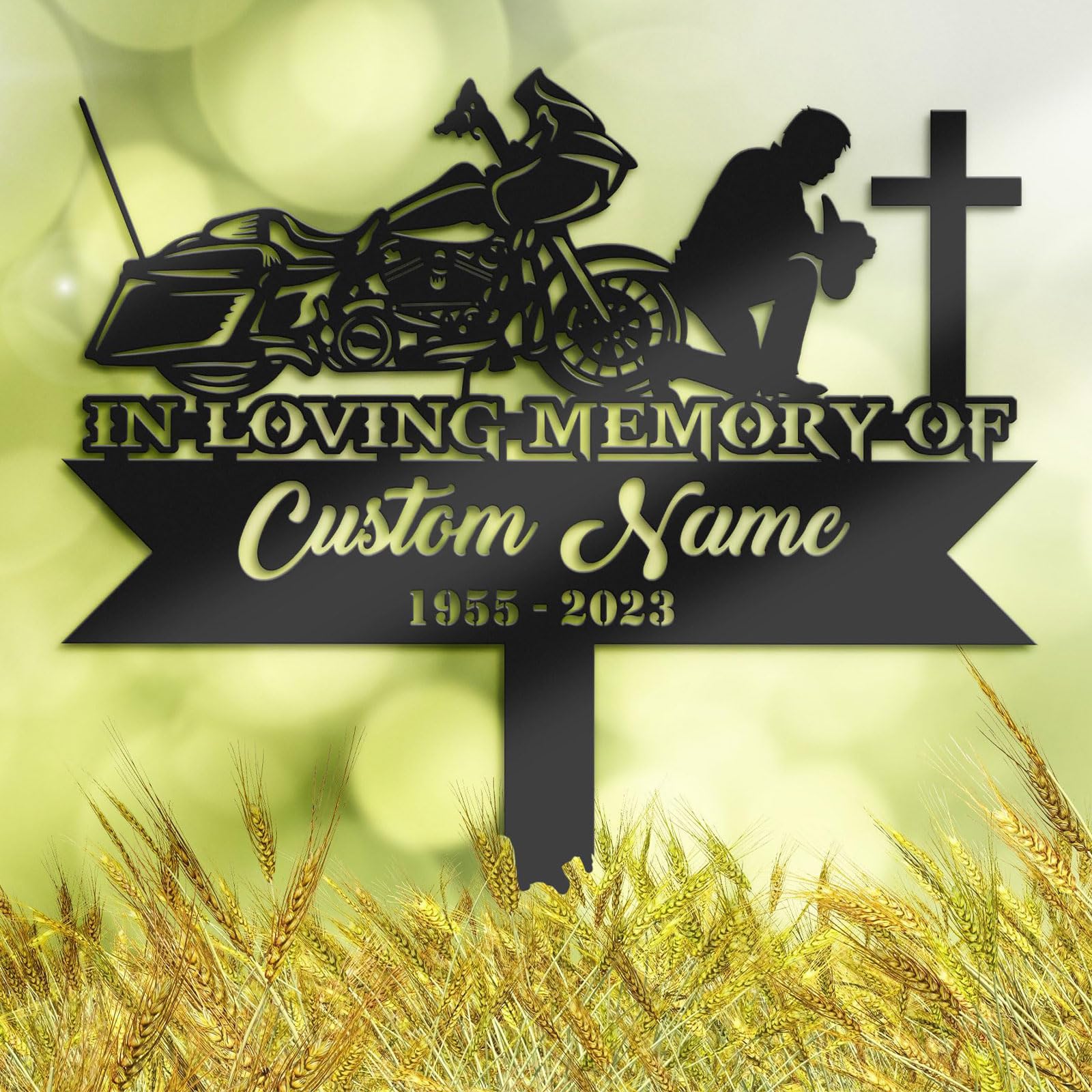 Custom Motorcycle Rider Memorial Metal Sign,Personalized Cross Memorial Stake,Metal Garden Stake,Geometric Metal Stake,Outdoor Sign,Sympathy Gift,Garden Yard Lawn Cemetery Decor