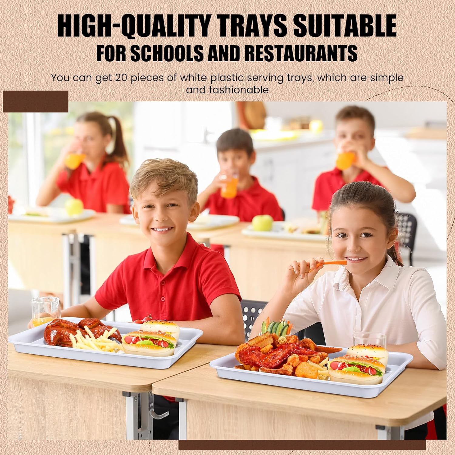 20 Pcs Plastic Serving Trays Bulk Plastic Serving Platters Reusable Rectangle Food Tray Stackable Party Trays for Dinner Snack Dessert in School Cafeteria(White,16 X 11)