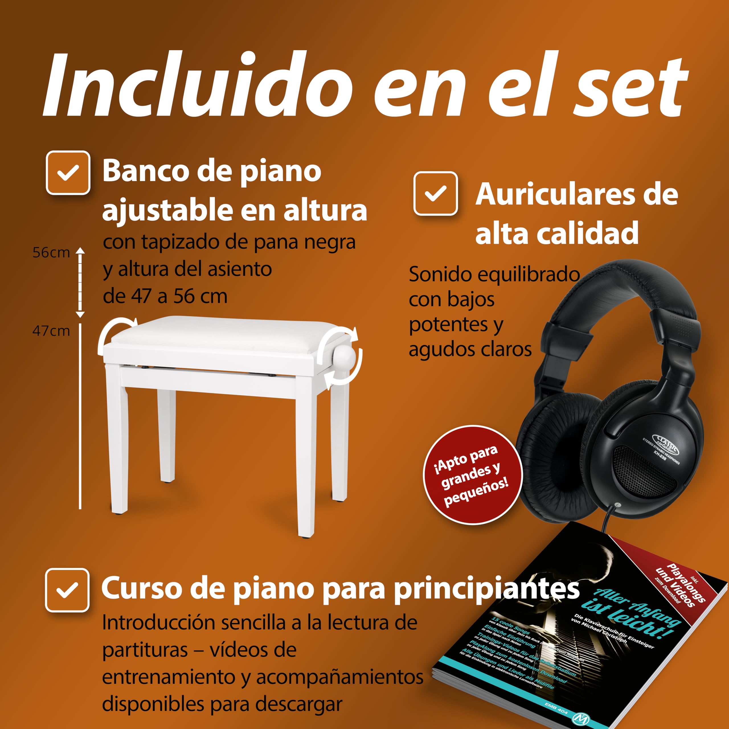 Classic Cantabile DP-50 Piano digital 88 teclas con mecanica martillo - Teclado electronico USB, 32 polifonía y funcion Twin-Piano - Organo musical para ninos - Set con banqueta y auriculares - Blanco