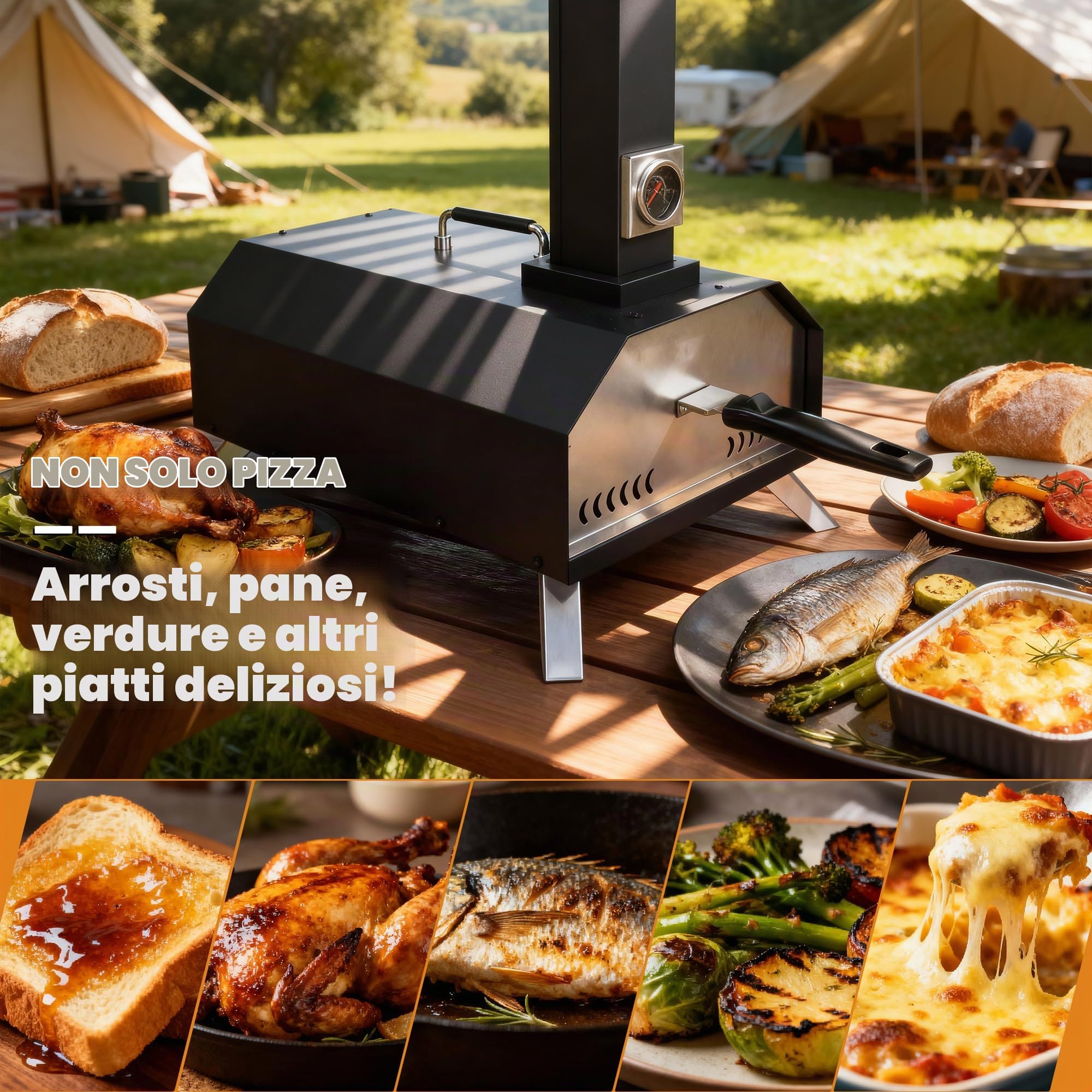 Forno per pizza a pellet di legno pieghevole portatile, 28cm | per uso esterno, termometro integrato e pietra quadrata per pizza, ideale per campeggio, cortile, patio, giardino e feste