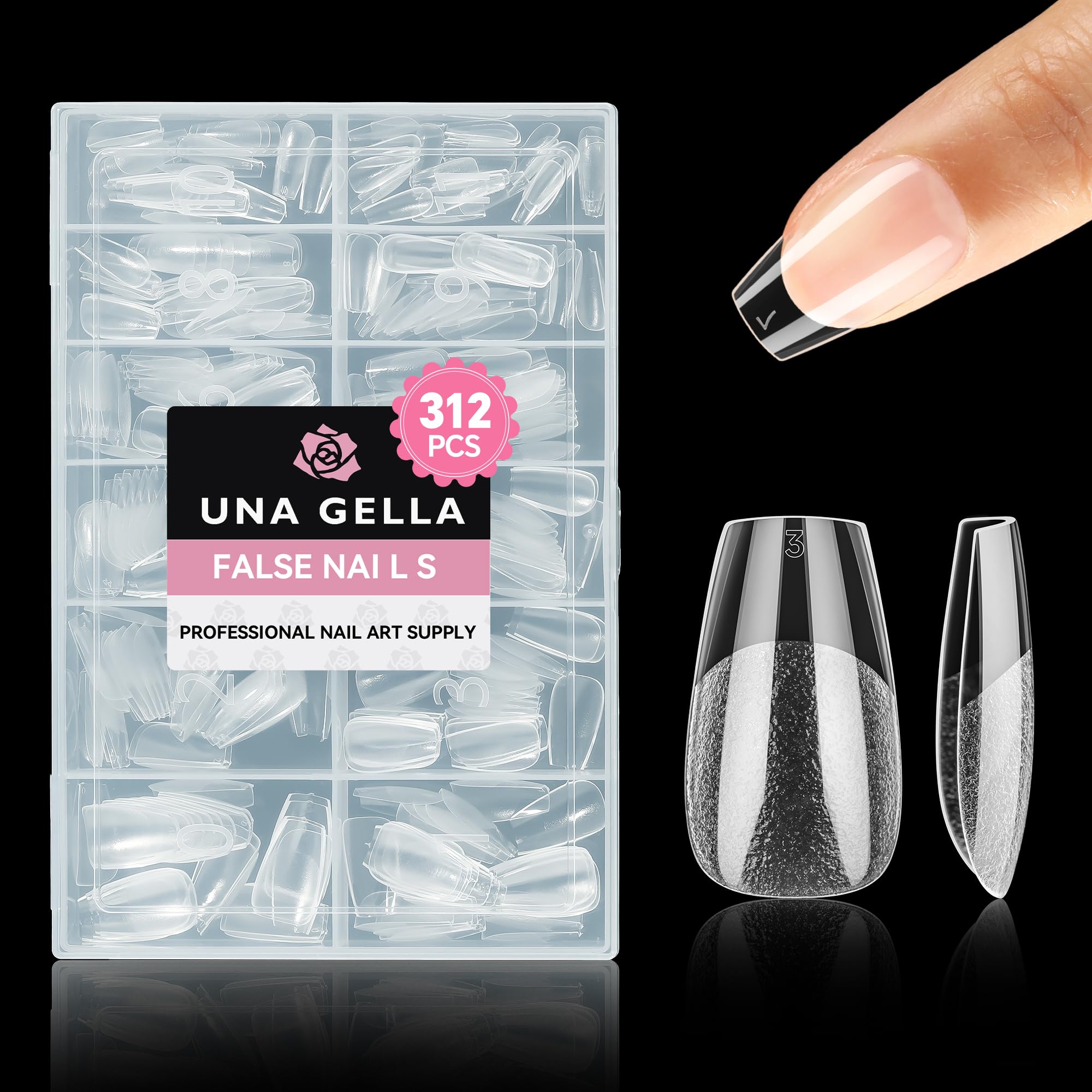UNA GELLA Kurz Ballerina Nageltips：312 Stück Vorgeätzte Gel Nageltips Coffin Press-On Nails, Klare Vollabdeckung für Nagelverlängerungen & DIY Nail Art Zuhause Salon, Langlebig, 12 Größen