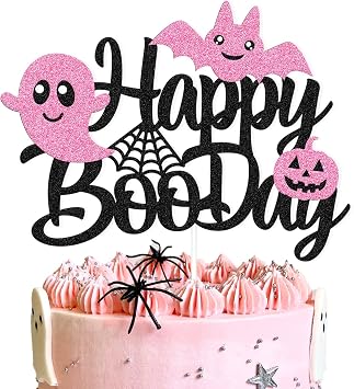Halloween Happy Boo Day Cake Topper Halloween Ghost Cake Topper Decoration Bat Pumpkin Witches Theme for Kids Girl Baby Shower Pink and Black Birthday Party Supplies