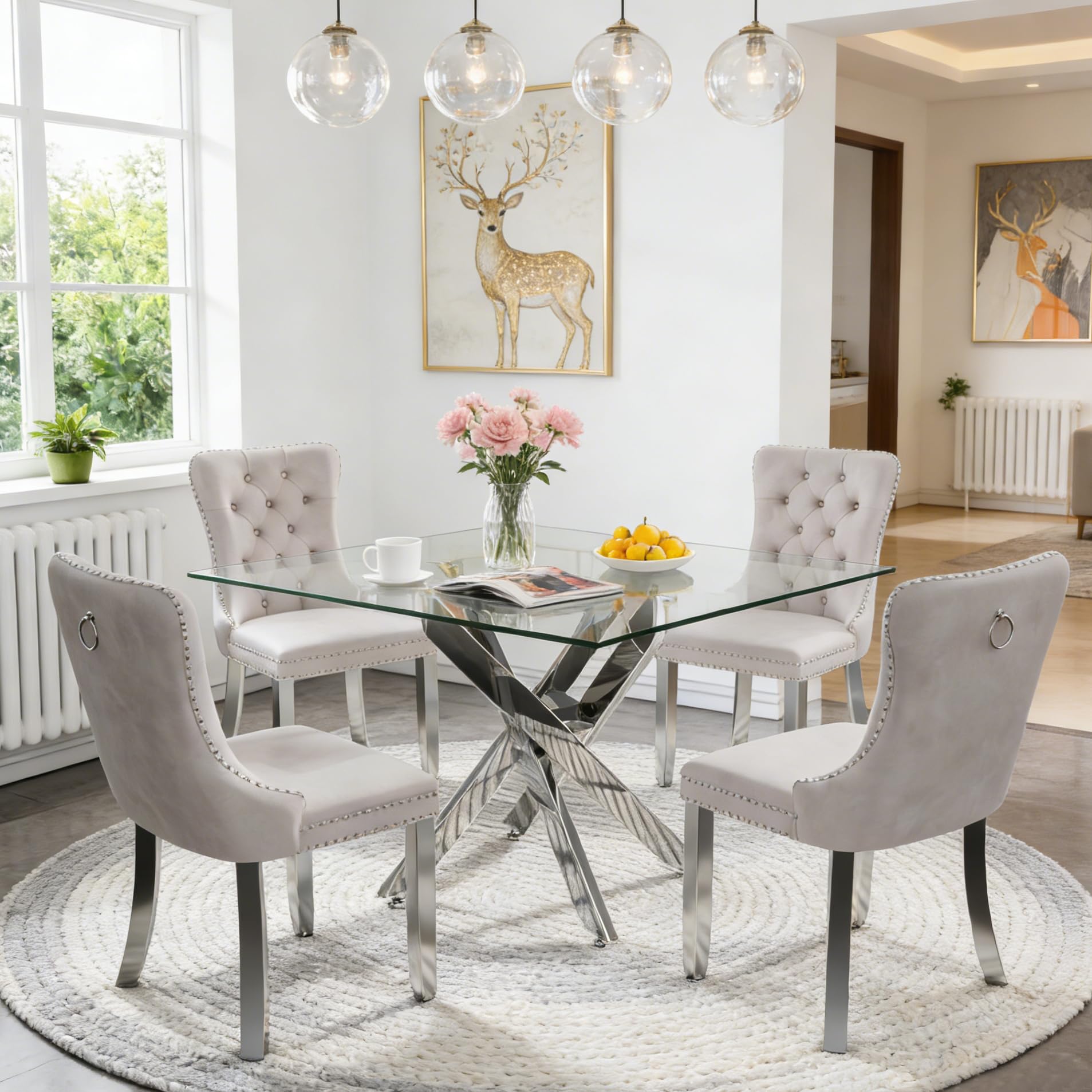 Goujxcy Glass Dining Table Set for 4, Modern Kitchen Table and Chairs Set of 4, 5-Piece Kitchen Dining Room Table Set w/36 Square Silver Glass Dining