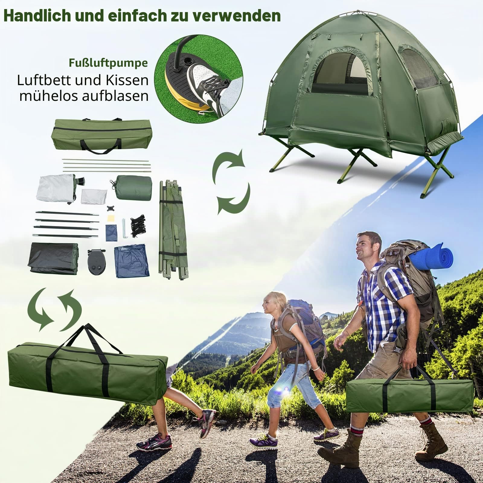 HOMASIS Campingzelt mit Feldbett, Campingbett mit Sonnendach, Kuppelzelt mit Luftmatratze & Schlafsack, Zelt mit Tragtasche für eine Person, Metallrahmen, Grün