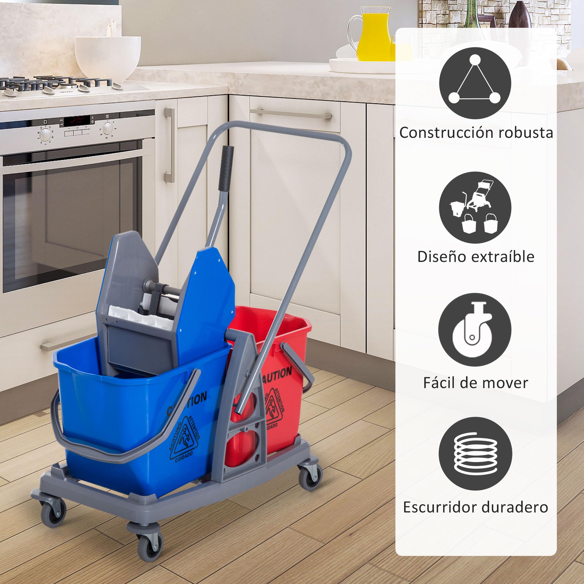 HOMCOM Carro de Limpieza Profesional Carro de Fregado de Metal con 2 Cubos de 25 litros Extraíbles Escurridor Prensa Manual y 4 Ruedas 73x45x92 cm Rojo y Azul