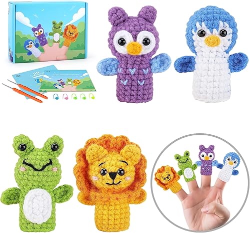 Kit de ganchillo para principiantes, 4 marionetas de dedo con tutoriales en video paso a paso, kit de animales de ganchillo para adultos y niños,