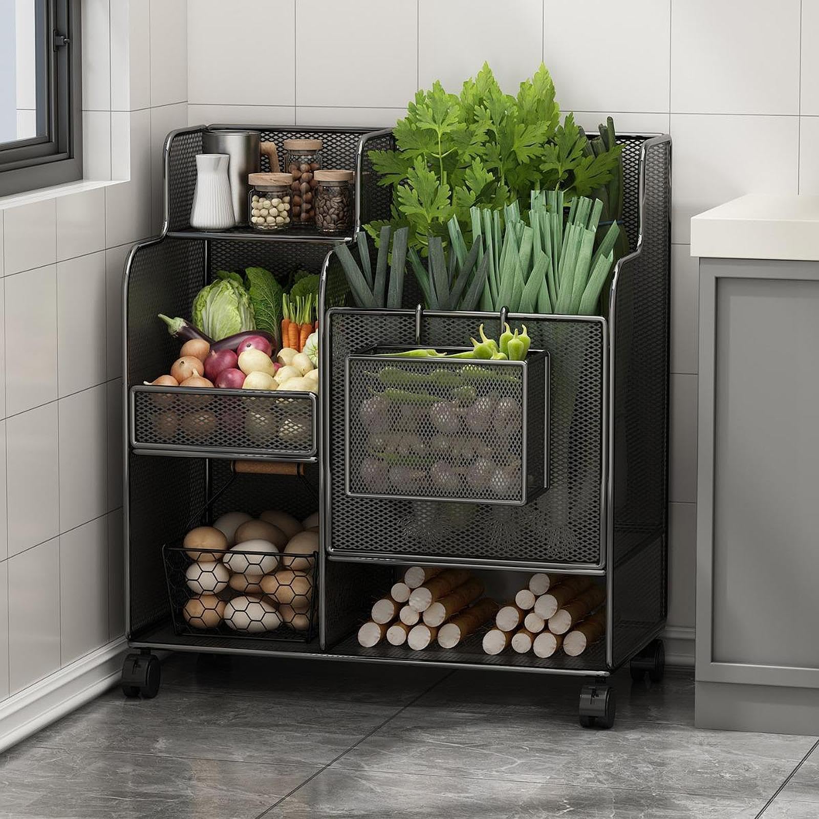 Fitness Equipment Organizer with Wheels Convenient Freestanding Utility Cart Black-image-41