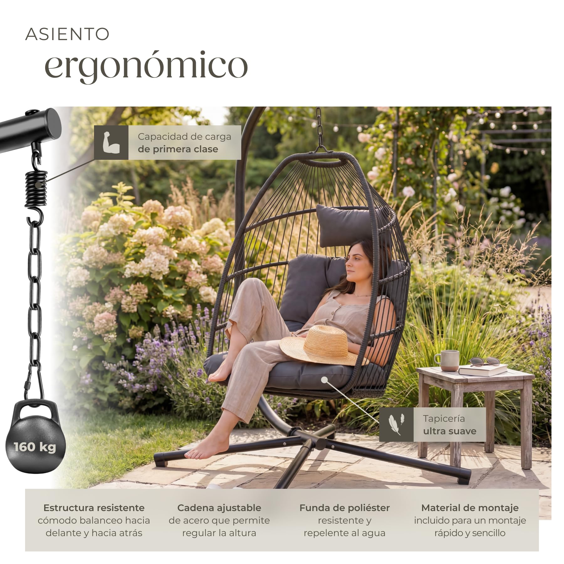 tectake® Columpio Jardín Exterior, Silla Colgante con Cojín Extragrueso, Sillón Balancín con Estructura de Acero y 4 Pies en Base, Hamaca Colgante Interior/Exterior, Plegable, Capacidad 160Kg - Gris