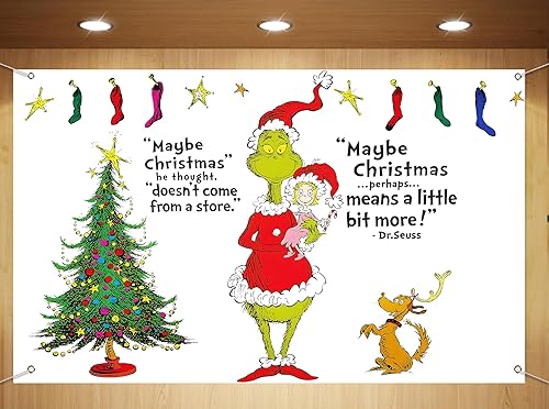 Sunwer Telón de fondo de cabina de fotos de Feliz Navidad verde Whoville Navidad Navidad vacaciones decoración interior exterior pared colgante