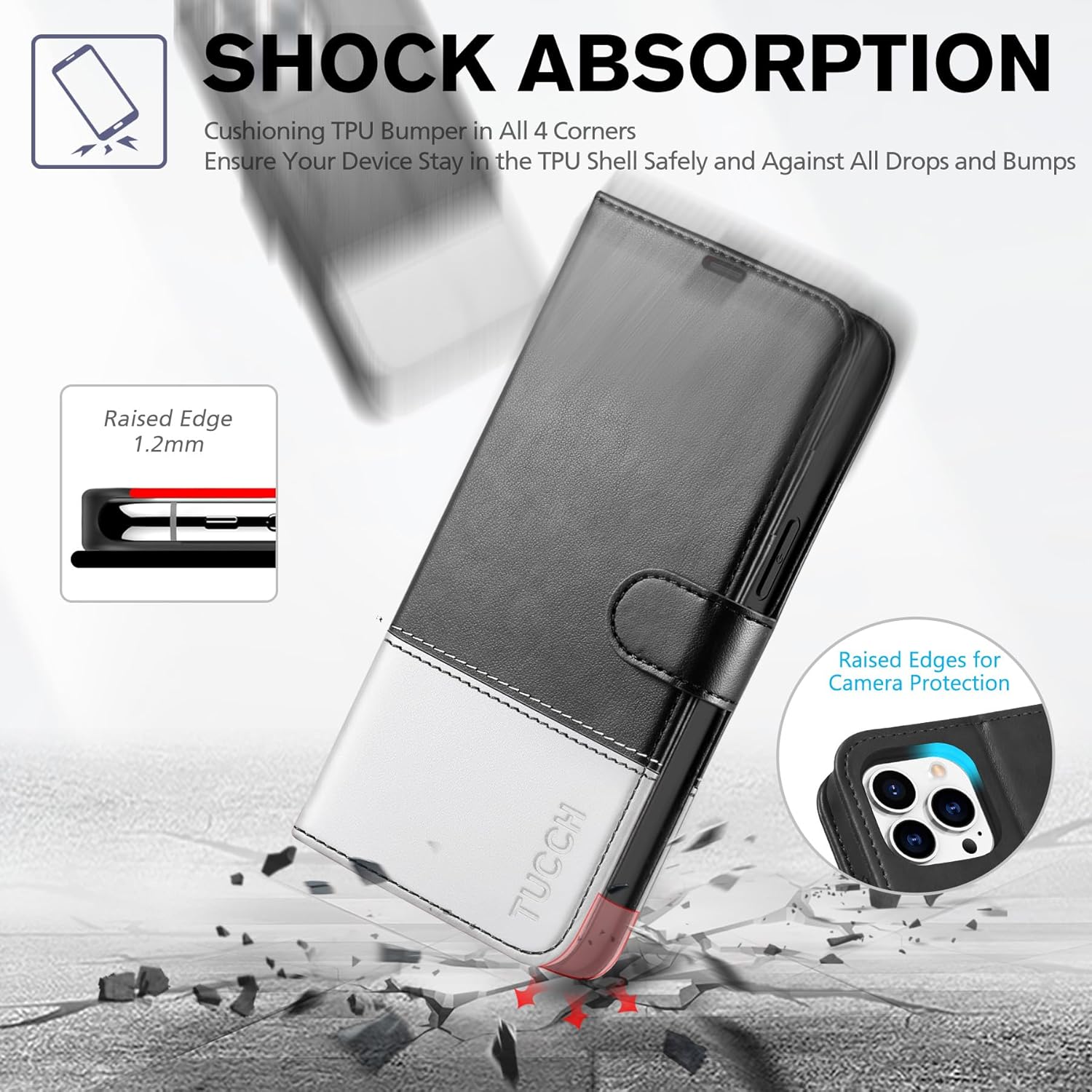 TUCCH Case Wallet for iPhone 14 Pro Max, [TPU Shockproof Inner Shell], PU Leather [RFID Blocking] 4 Card Holder Magnetic Stand Protective Cover Compatible with iPhone 14 Pro Max 6.7", Black & White