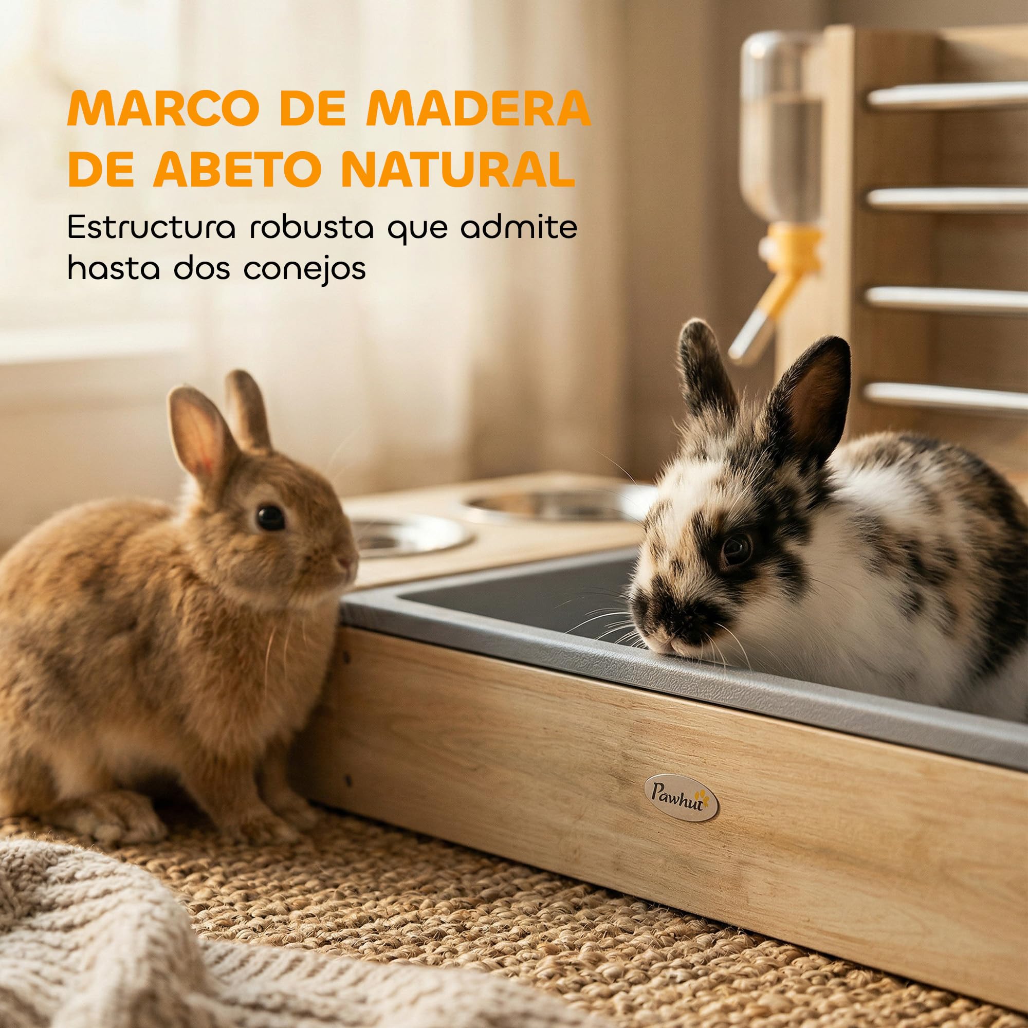 PawHut Comedero de Heno para Conejos con Bandeja, Alimentador de Heno de Madera con Cuenco de Acero Inoxidable y Botella de Agua, para Cobayas, Chinchillas, Gran Capacidad y Prevención de Residuos — view 5