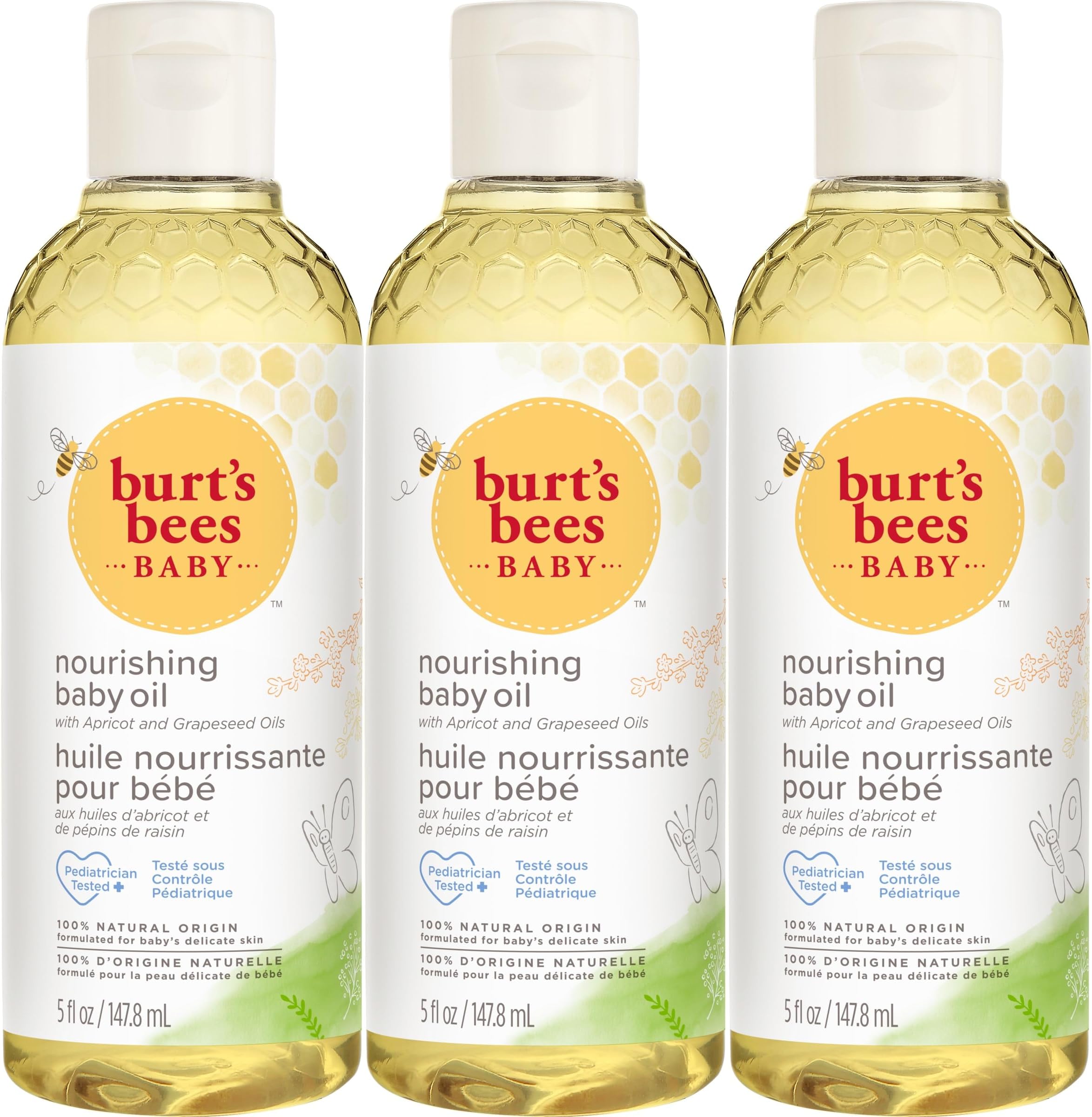 Burt's Bees Baby Nourishing Baby Oil, Formulated for Delicate Skin, Pediatrician Tested, 100% Natural Origin Baby Skin Care, 5 Oz (Pack of 3)