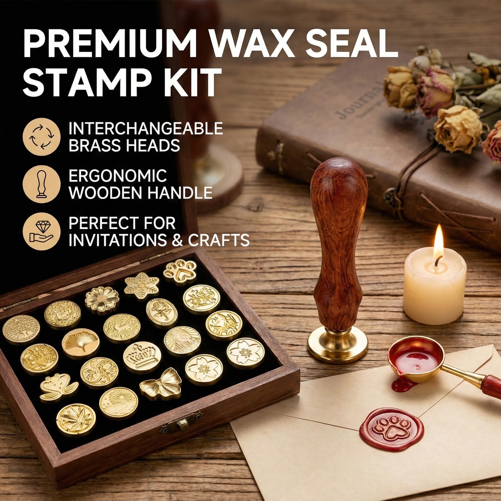 Sello de lacre Vintage con 20 diseños, Incluye Mango de Madera y Cabezales Intercambiables, Ideal para Invitaciones, Cartas y Regalos – Set Completo de lacrado Elegante