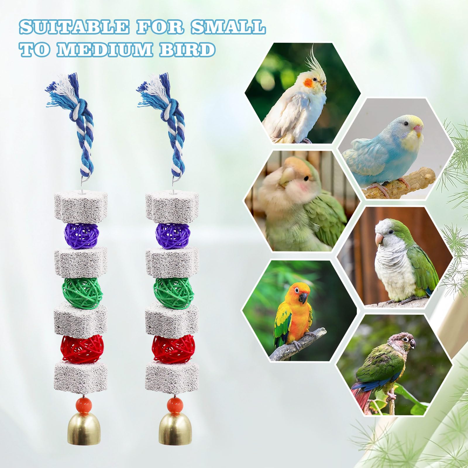 Dnoifne 2 Pack Bird Chewing Toy, Parrot Beak Grinding Calcium Stone with Bells, Bird Cage Accessories, Cage Toys for Cockatiel Parakeet Parrot Budgies Rat Hamster Chinchilla Rabbit Bunny African Grey