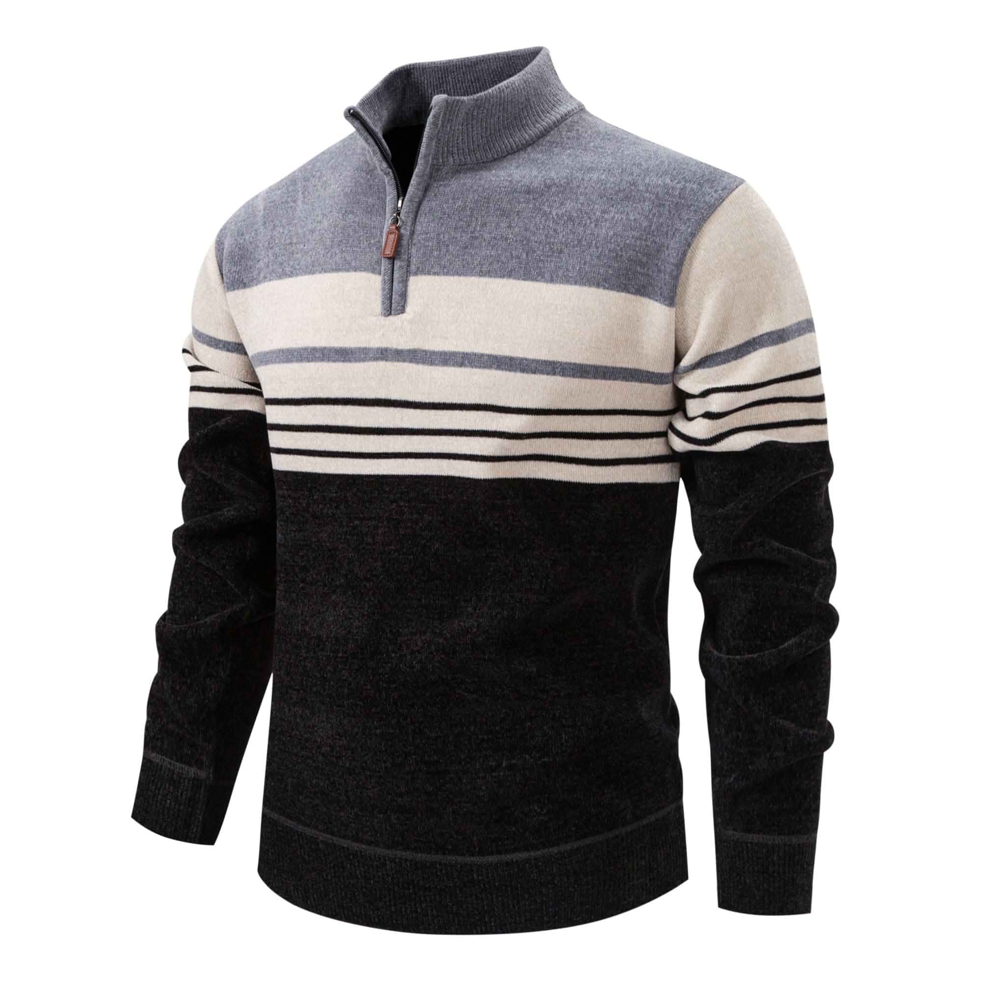 Mens Quarter Zip Pullover Mock Neck Slim Fit Striped Knit Sweaters Casual Fall Winter Lightweight Polo Sweater Striped