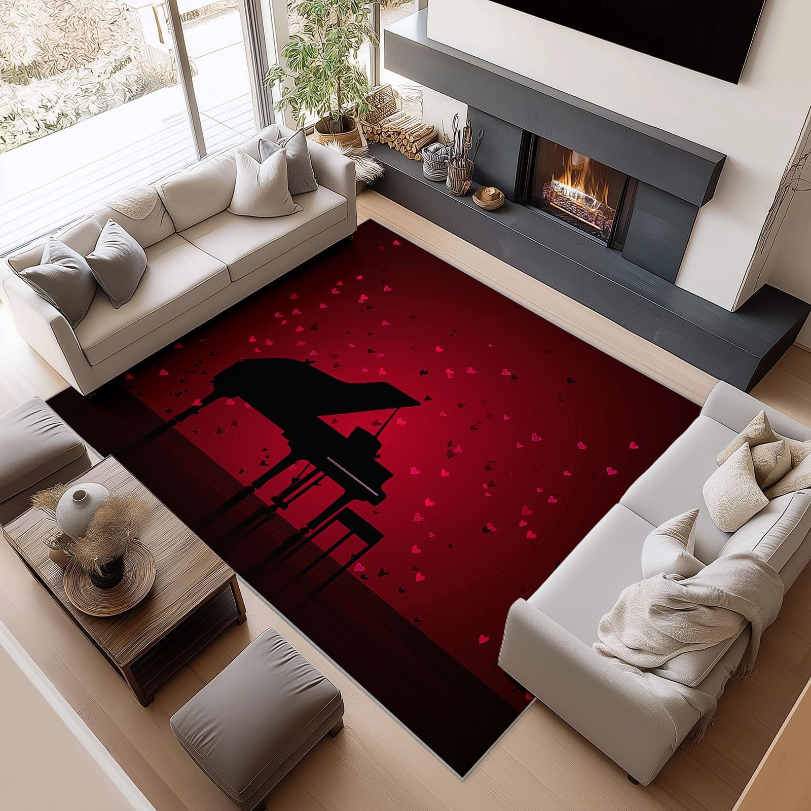 Generico Dywan do salonu Fortepian Czerwone Serce 180 x 240 cm Duży antypoślizgowy dywan do salonu, dywaniki do sypialni, nadające się do prania krótkie dywaniki z futra do pokoju dziecięcego do