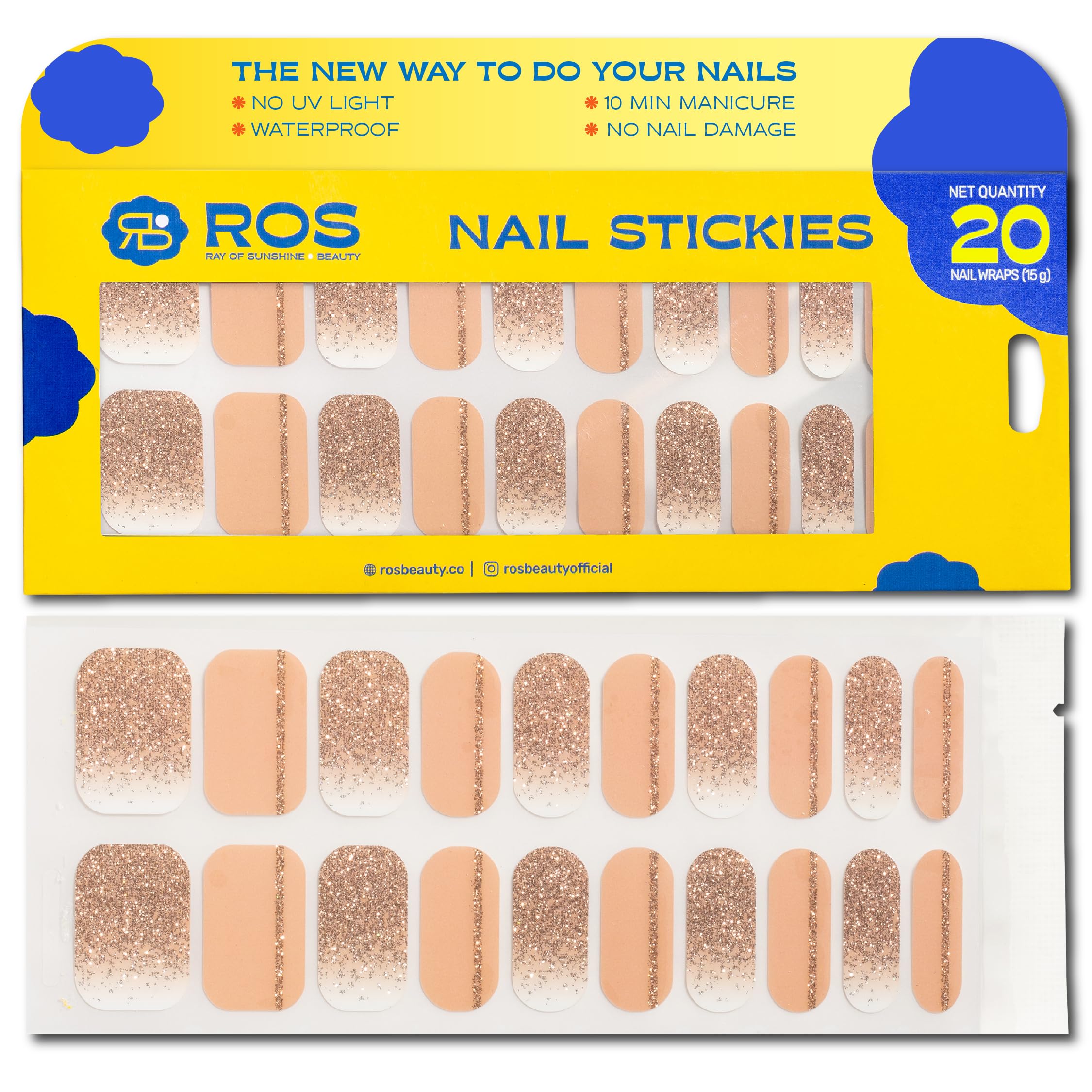 ROS Beauty Nail Stickies | 20 Count | Easy-to-Apply Vibrant Nail Art Stickers | Long-Lasting, Lightweight, & Mess-Free | Unique Designs for Effortless DIY Manicure | Golden Glow