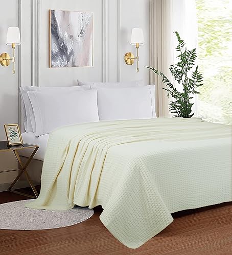 Miniatura 7 de Manta de cama de 100 % algodón de alta calidad, tamaño King, color crema marfil, ligera, transpirable, perfecta para usar en capas, cama, sofá o