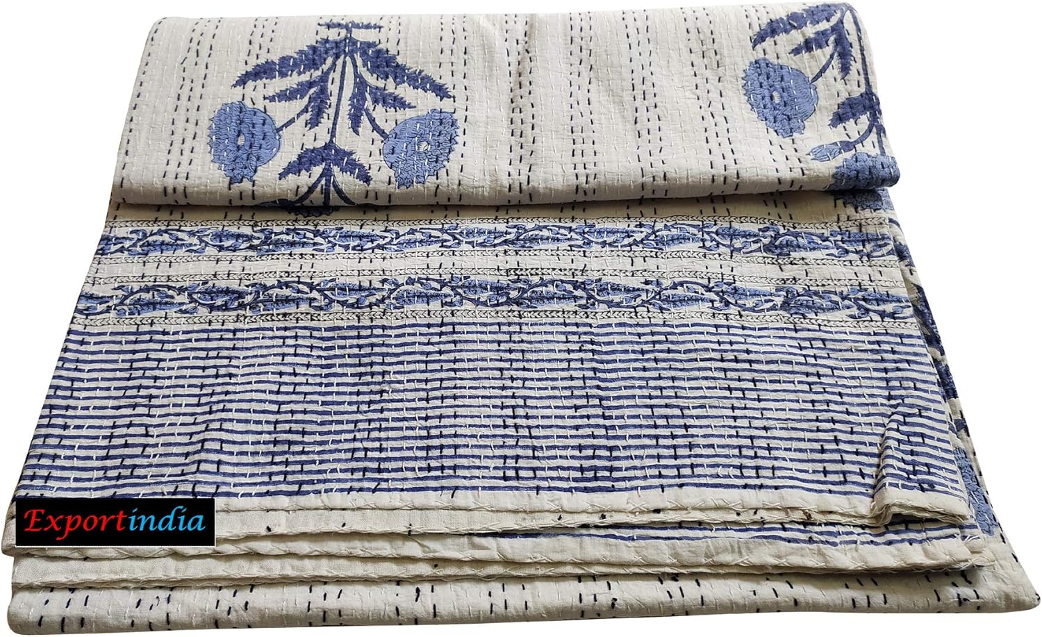 Bedspread Hand Block Blue Floral Print Kantha Quilt 100% Cotton Handmade Kantha Quilt Flat Blanket,Bedsheet Coverlet Sofa Cover