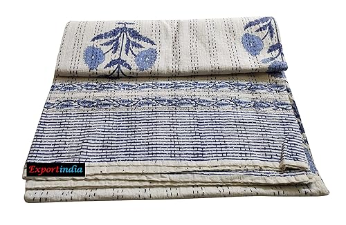 Bedspread Hand Block Blue Floral Print Kantha Quilt 100% Cotton