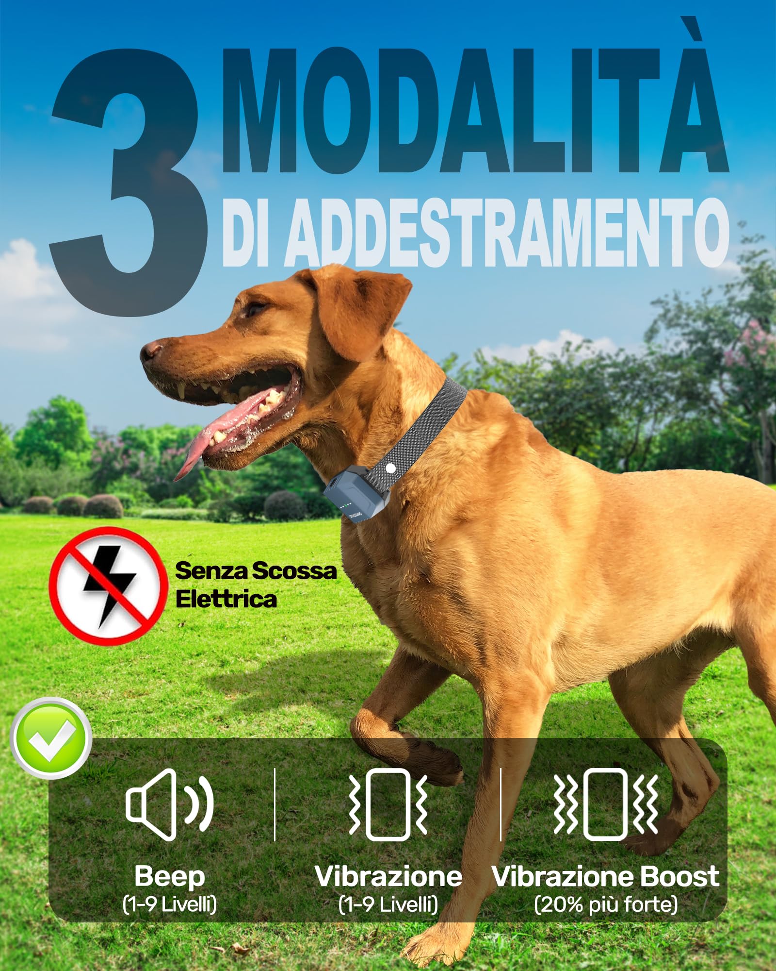 Collare da Addestramento per Cani, Senza Scossa Elettrica, BIP, Vibrazione e Boost, Portata 3km, Ultra Compatto, Ricaricabile, Autonomia 30 Giorni, Impermeabile IP67, Adatto a Tutti i Cani