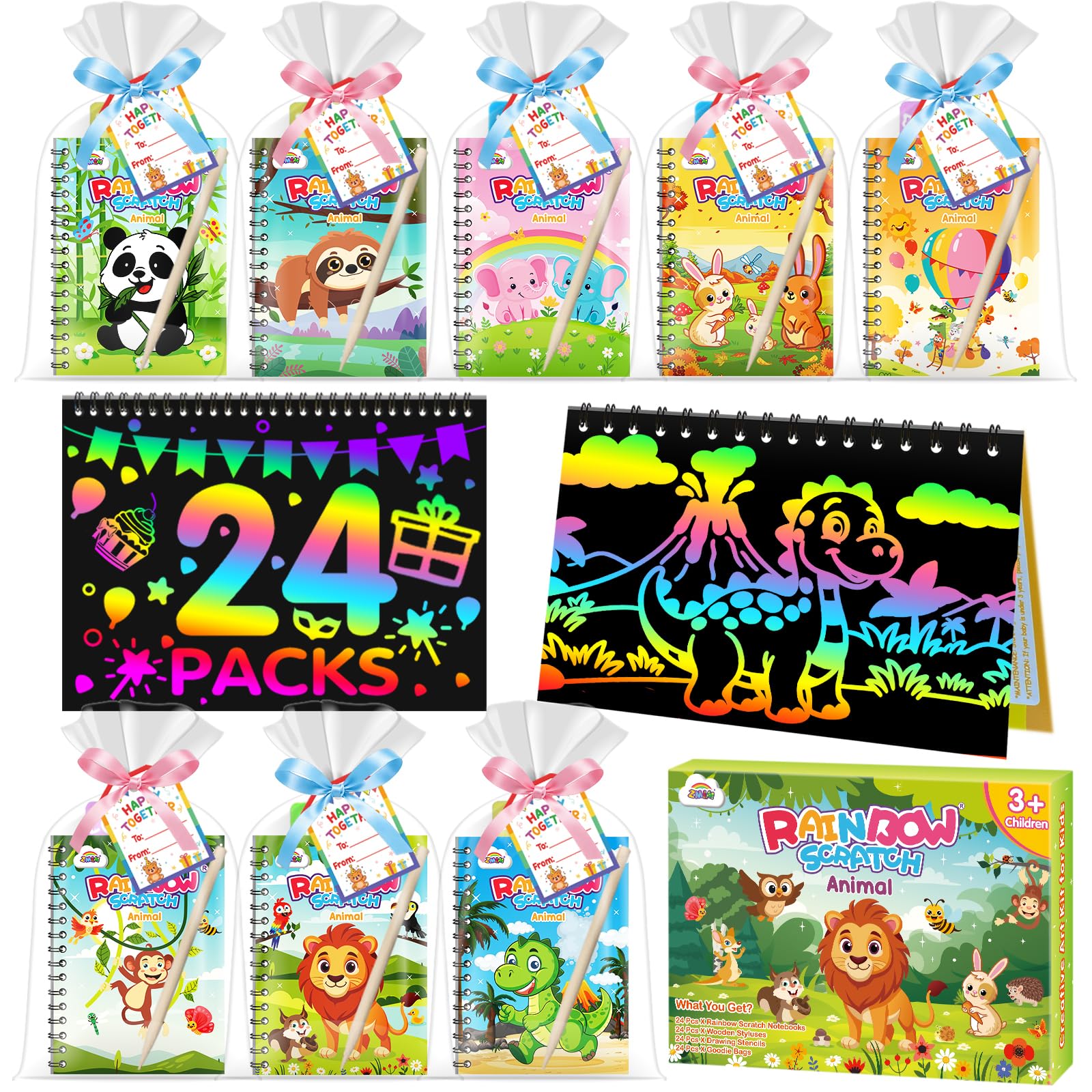 ZMLM 24 Pack Scratch Art Party Favors - Birthday Party Favors for Kids 4-8, Rainbow Scratch Notebook Paper Pad, Goodie Bags Stuffers, Classroom Gifts Prizes Girls Crafts Bulk Boys Toys(Animal)-picture-33