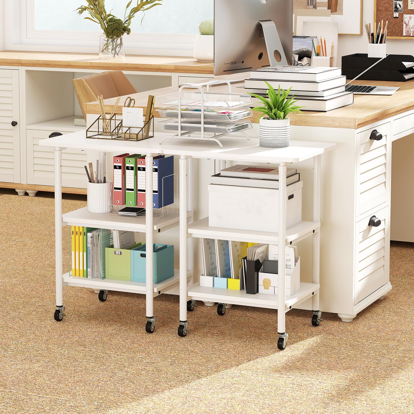 HOMASIS Carrello Porta Stampante a 3 Livelli, Porta Stampante con Ruote Bloccabili e Altezza Regolabile, Tavolino Industriale con Mensola per Fax e Scanner (Bianco)
