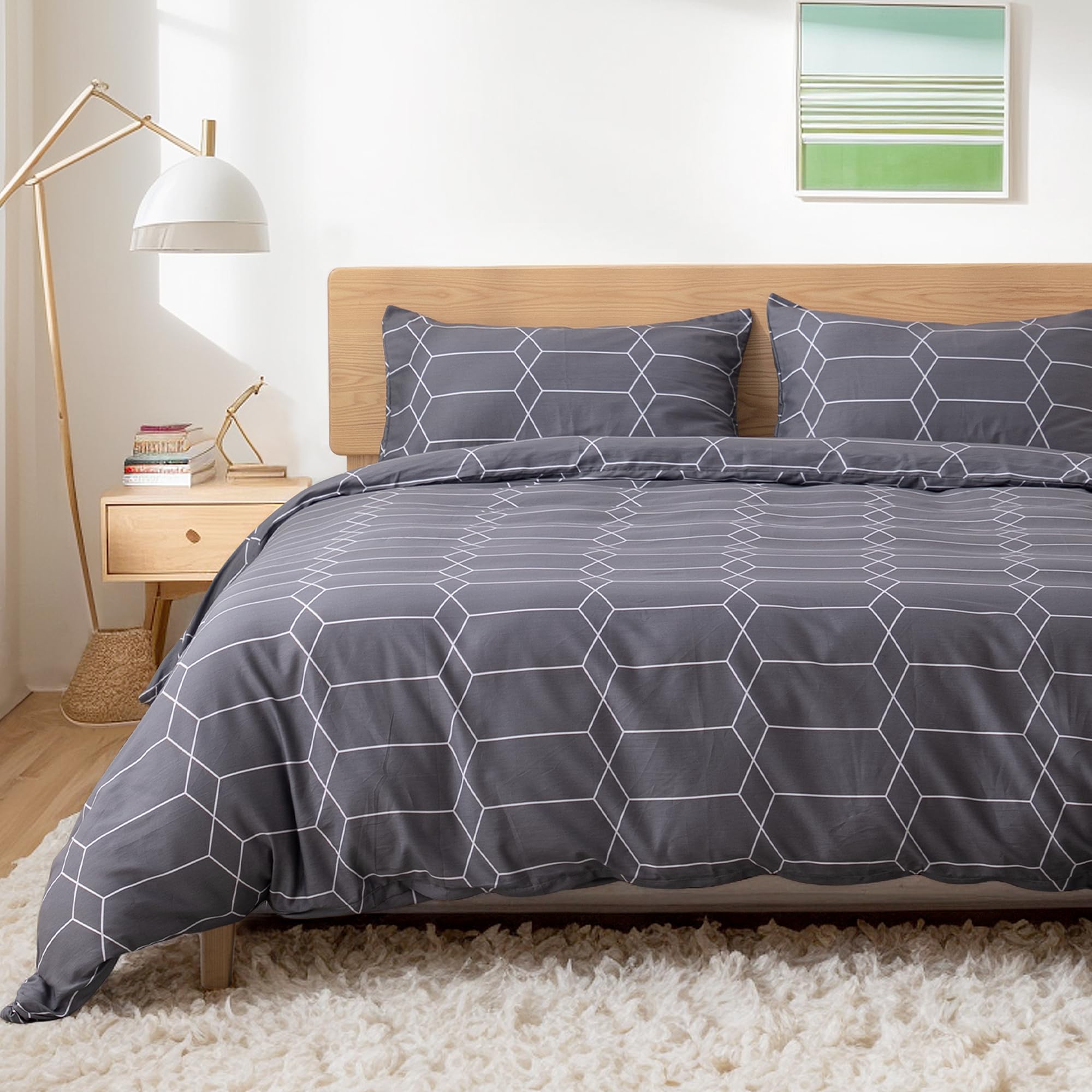 TOCOMOA Plaid Duvet Cover Set 100% Natural Cotton, Grey &amp; White, Queen