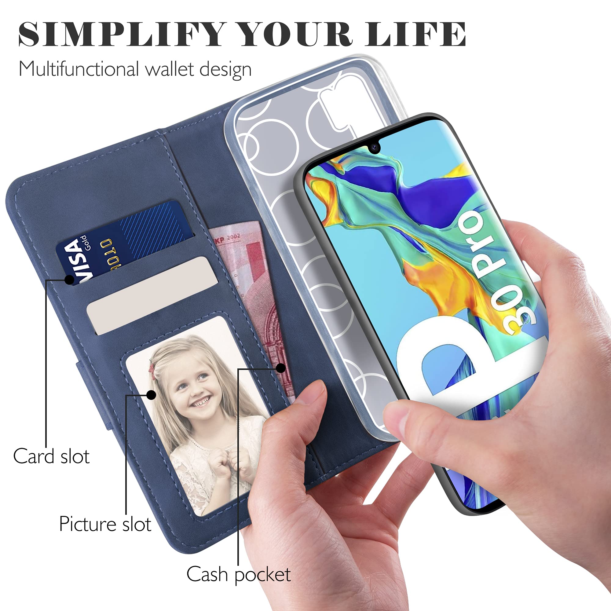 YATWIN Cover Portafoglio Per Huawei P30 Pro – Custodia A Libro In Pelle Con Slot Carte, Supporto E Chiusura Magnetica (Azzurro)