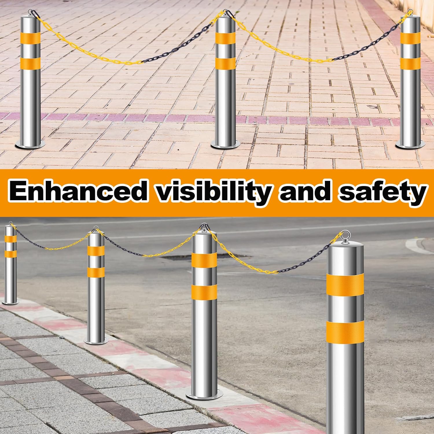 Yaocom 2 Pcs Stainless 31.5''x4.5" Safety Bollard Posts with 1 Barrier Chain, Yellow Reflective Strips Bollard Post with 8 Anchor Bolts for Parking, Warehouses, Garage, Driveway & Pedestrian Safety