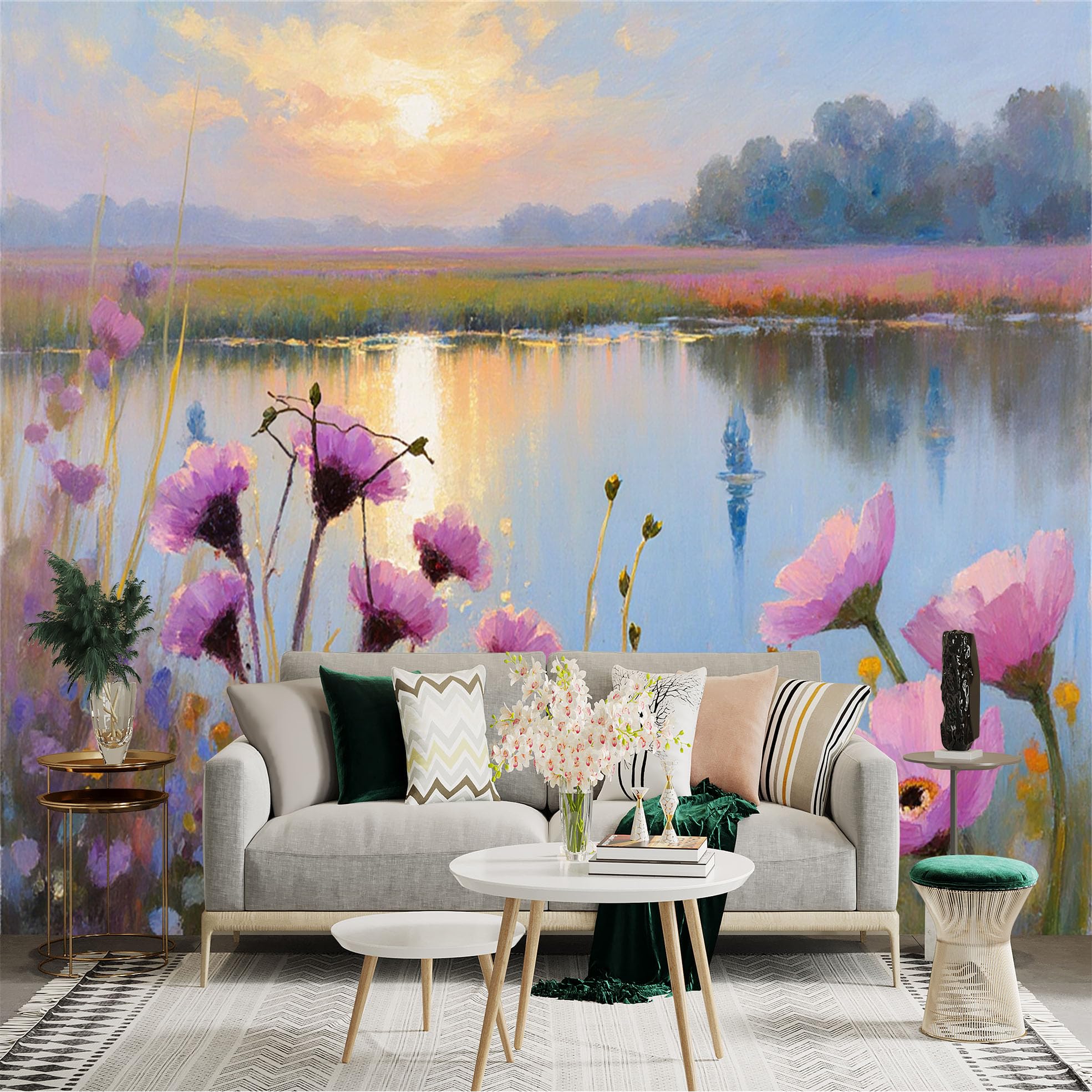 Lnzczhyre Xc260505648 Custom Size Wall Sticker Mural， Impressionist Wildflower Meadow， Serene Sunset Lake Landscape， Floral Oil Painting Style， For Wall Decoration， Peelandstick Wall Decals.