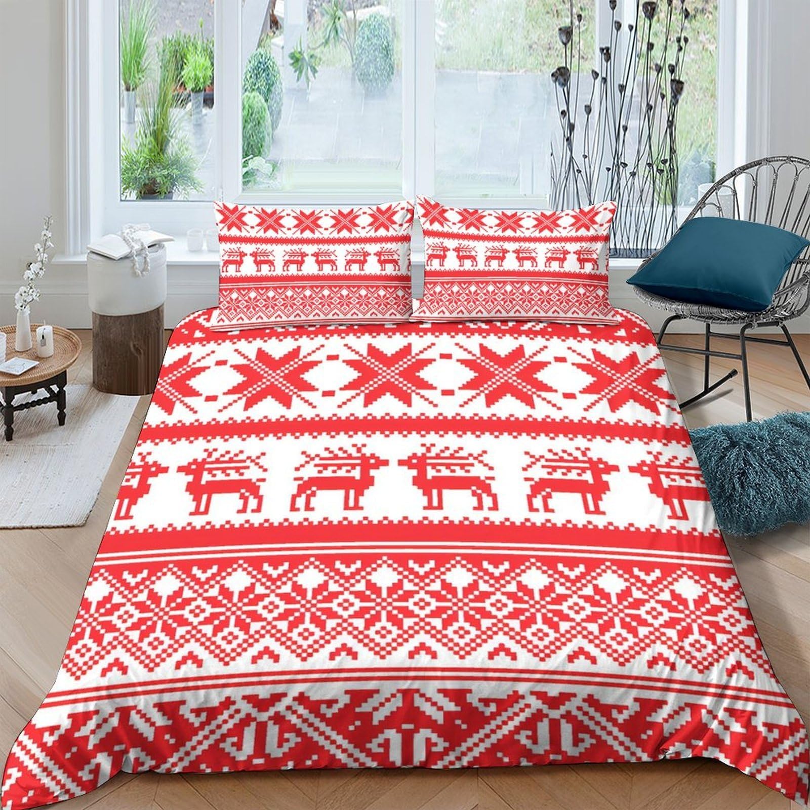Ctjqhvkz Style-7 3D Printed Nordic Reindeer Fitted Sheet Microfiber Red White Snowflake Mattress Cover For Bedroom Guest Room Holiday Decor Single（135X200cm）