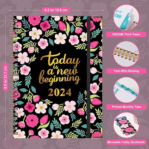 Miniatura 2 de Agenda semanal mensual 2024calendario enero 2024 a diciembre con pestañas mensuales + contactos + calendarios + días festivos + bolsillo, agenda de