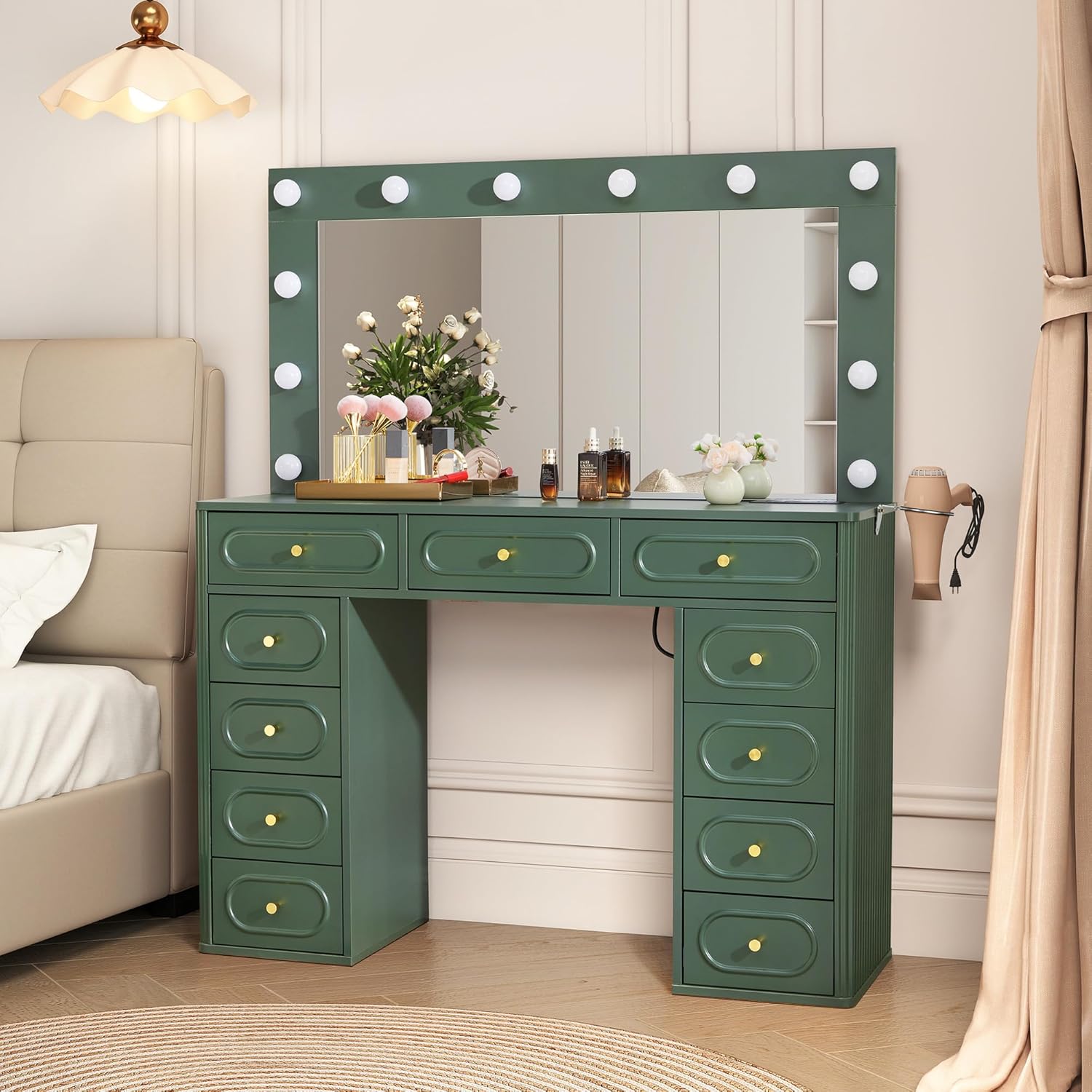 ORRD Fluted Vanity Desk with Mirror and Lights, Power Outlets, Modern Wood Vanity Desk Makeup Table with 11 Drawers, 3 Color Modes Dressing Table with Storage for Bedroom, Living Room, Green